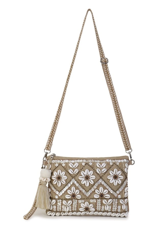 Anekaant Women Boho Beige & White Cotton Jute & Canvas Boho Embellished Sling Bag - Image 2